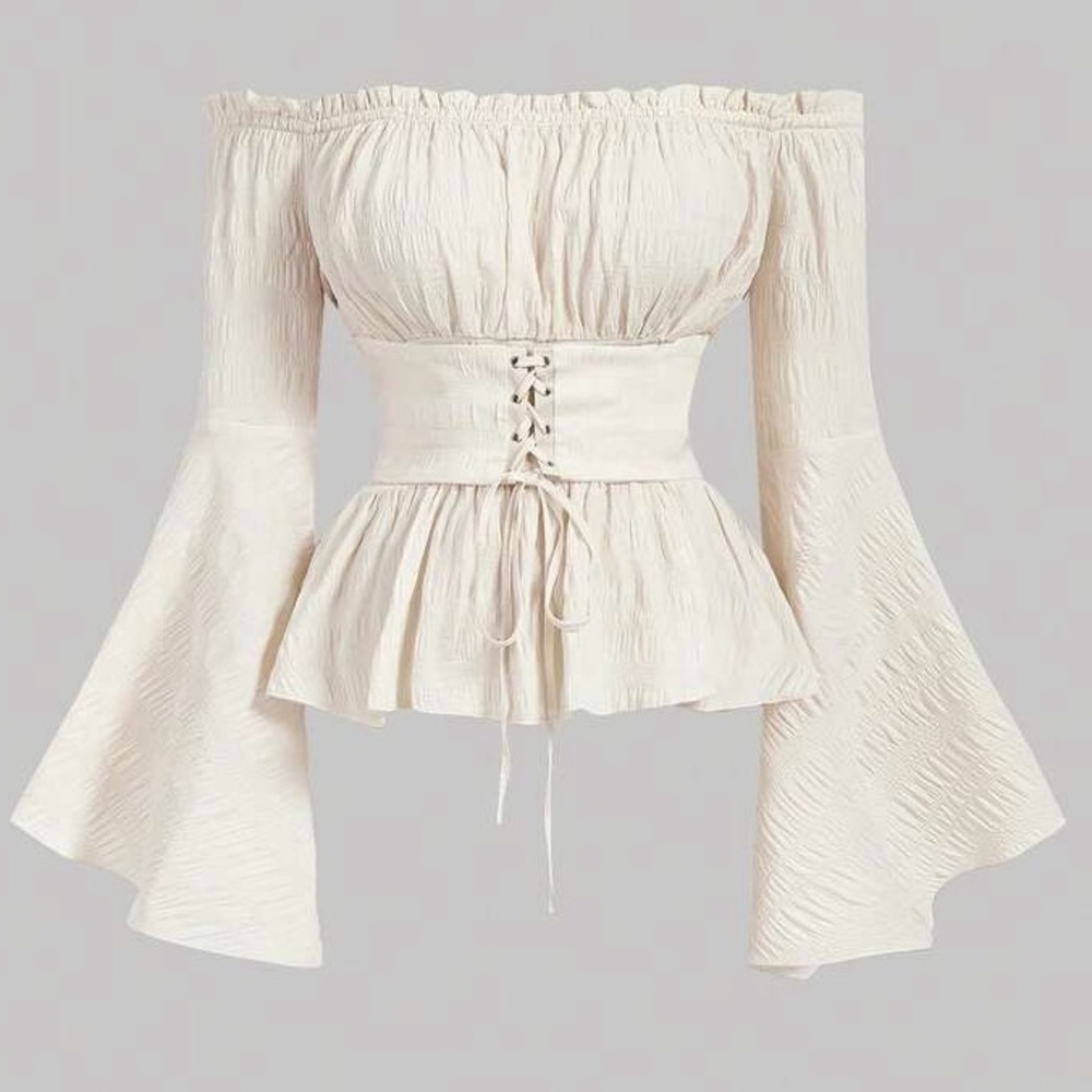 White Off-Shoulder Smocked Bell Sleeve Ruffle Hem Tie Up Corset Blouse Size 12